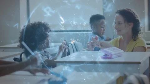 Animation of data processing over diverse female teacher and schoolboy signing Stock Footage 328233036