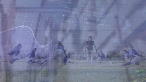 Animation of data processing over diverse baseball players Stock Footage 328250711