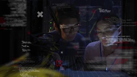 Animation of data processing over diverse woman and man checking servers Stock Footage 328289965