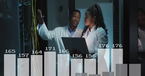 Animation of data processing over diverse it engineers and computer servers Stock Footage 328402554