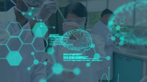 Animation of data processing over diverse male and female scientists with test Stock Footage 328407145