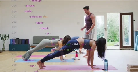 Animation of data processing over diverse sports people exercising with coach Stock Footage 328411243