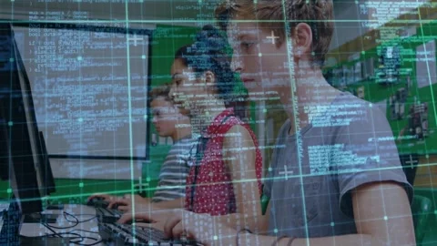 Animation of data processing over diverse students using computer Stock Footage 328585826