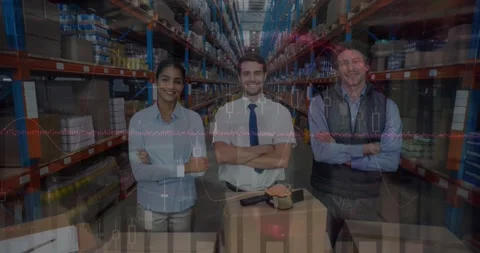 Animation of data processing over diverse workers in warehouse Stock Footage 328593308