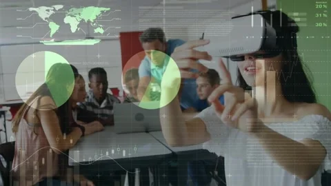 Animation of data processing over diverse students using laptop and vr headset Stock Footage 328645636