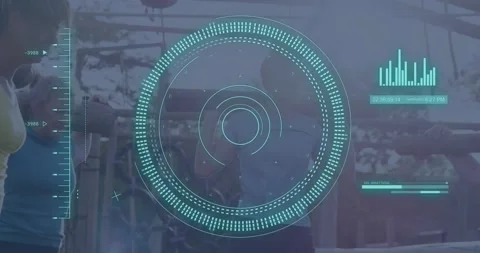 Animation of data processing over diverse women at obstacle course carrying Video stock 328707703