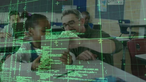 Animation of data processing over diverse business people using computer Vídeos de archivo 329030900