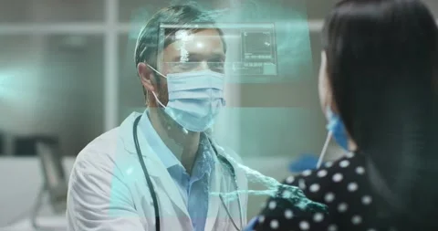 Animation of data processing over diverse doctor and patient taking covid test Stock Footage 329158658