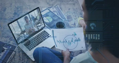 Animation of data processing over diverse business people having video call Stock Footage 329362338
