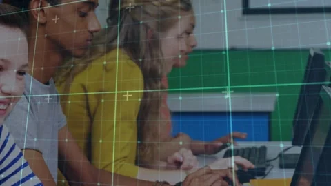 Animation of data processing over diverse students using computer Stock Footage 329413152