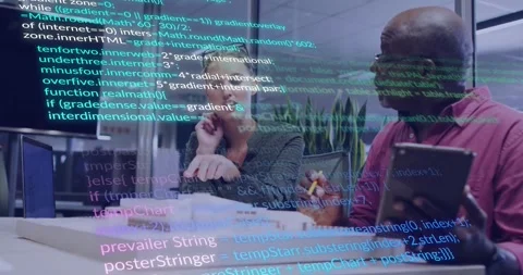 Animation of data processing over diverse colleagues discussing work in office Stock Footage 329511690