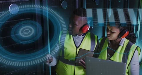 Animation of data processing over diverse it engineers and computer servers Stock Footage 329614707