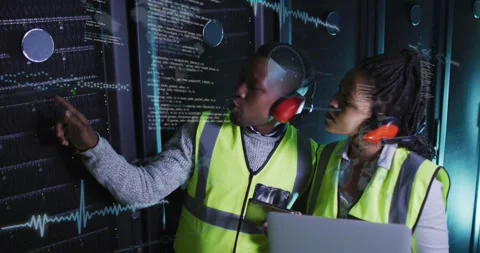 Animation of data processing over diverse it engineers and computer servers Stock Footage 329703777