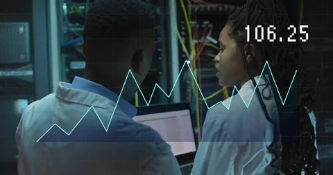Animation of data processing over diverse it engineers and computer servers Stock Footage 329703792
