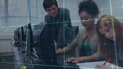 Animation of data processing over diverse students using computer Stock Footage 329774853