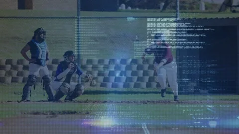 Animation of data processing over diverse baseball players Stock Footage 329863475