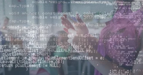 Animation of data processing over diverse schoolchildren learning in classroom Stock Footage 329863480