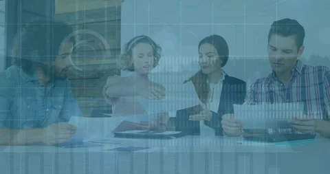 Animation of data processing over diverse colleagues with documents discussing Stock Footage 329922819