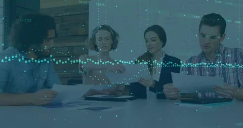 Animation of data processing over diverse colleagues discussing over documents Stock Footage 330105812