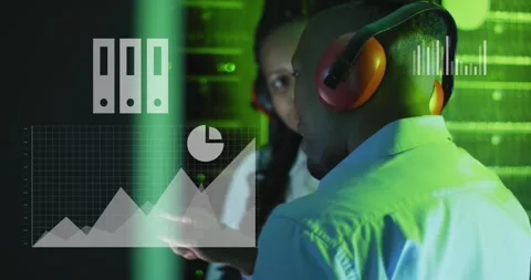 Animation of data processing over diverse it engineers and computer servers Stock Footage 330242833