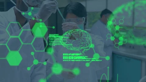 Animation of data processing over diverse male and female scientists using test Stock Footage 330343660
