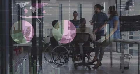 Animation of data processing over diverse and disabled business people at Stock Footage 330468675