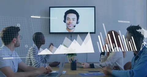 Animation of data processing over diverse business people using phone headsets Stock Footage 330587246