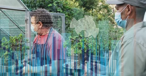Animation of data processing over diverse male workers in garden Stock Footage 330779809