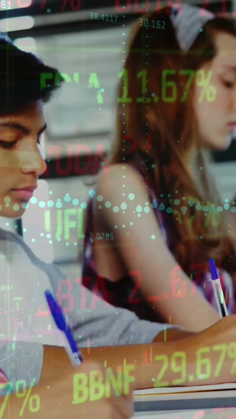 Animation of data processing over diverse students in classroom Stock Footage 341956448