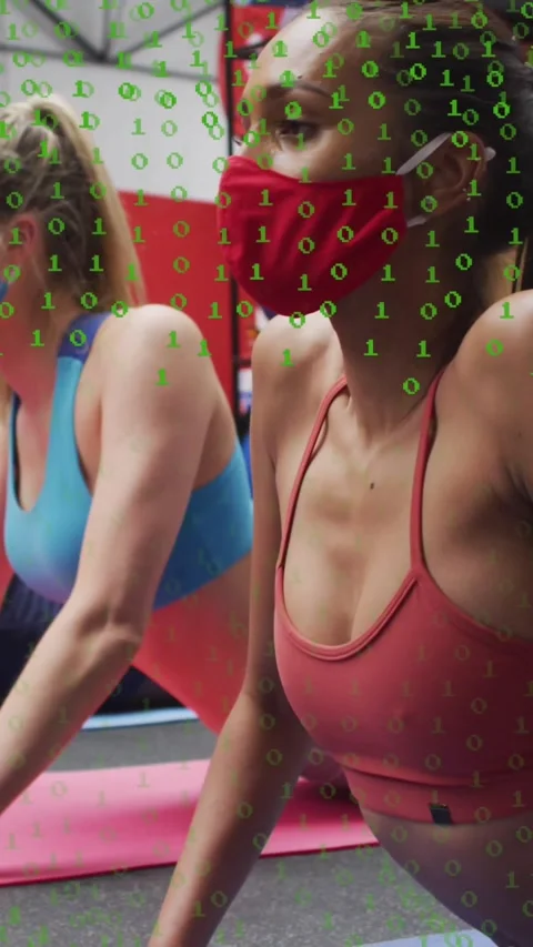 Animation of data processing over diverse people wearing face masks and Stock Footage 341991476