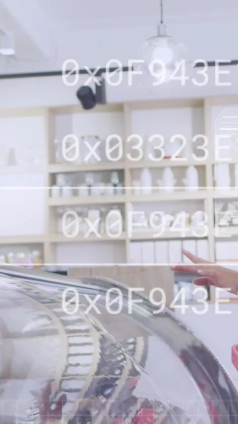 Animation of data processing over diverse shop assistant and customer talking Stock Footage 342005148