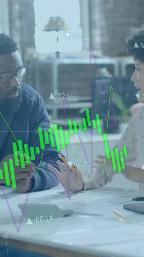 Animation of data processing over diverse business people discussing work in Stock Footage 342005334