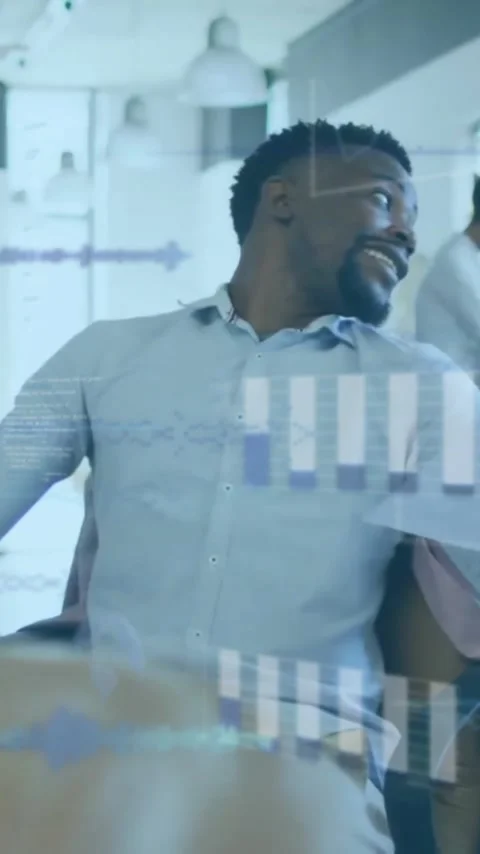Animation of data processing over diverse colleagues discussing work in office Stock Footage 342033649