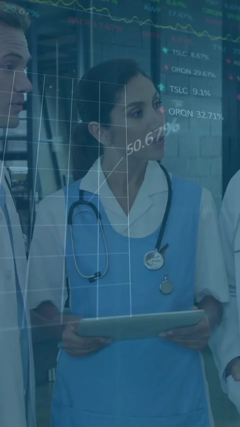 Animation of data processing over diverse group of doctors Stock Footage 342811635