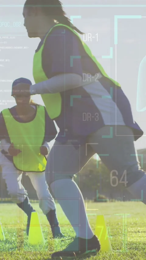 Animation of data processing over diverse female baseball players exercising Stock Footage 342996473