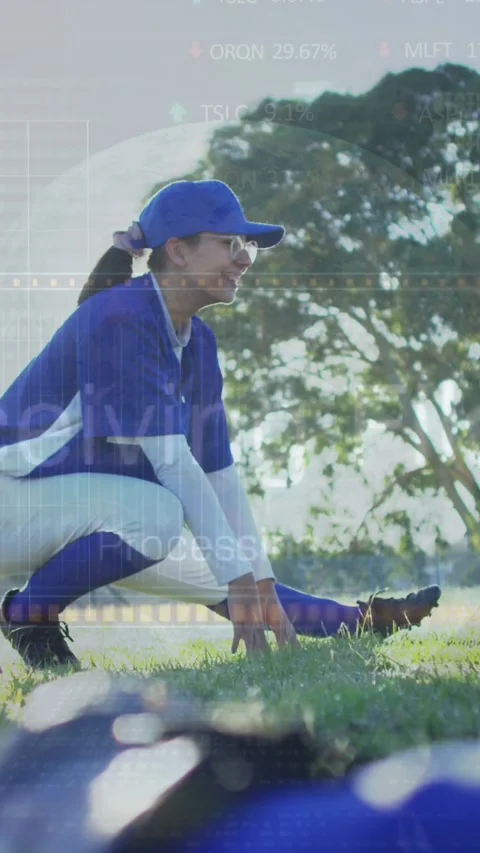 Animation of data processing over diverse female baseball players Stock Footage 342996476