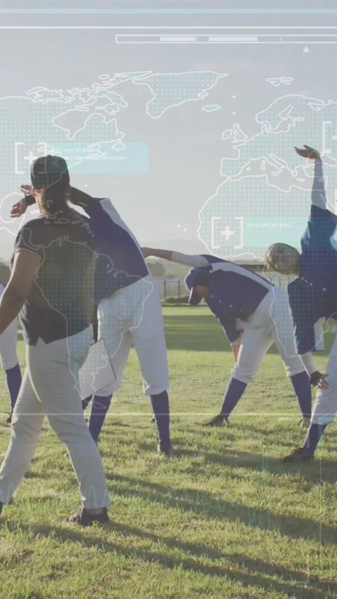 Animation of data processing over diverse female baseball players exercising Stock Footage 343027992