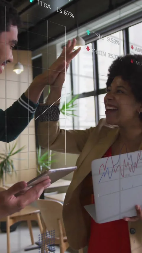 Animation of data processing over diverse colleagues discussing work in office Stock Footage 343028181