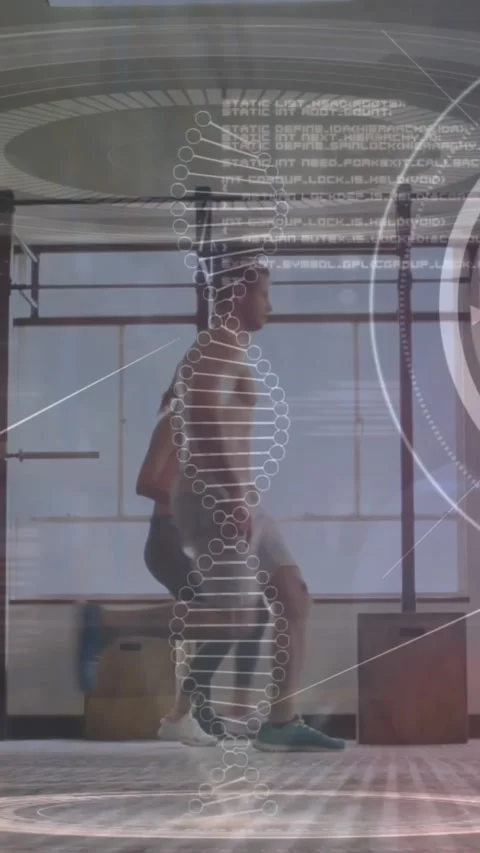 Animation of data processing over diverse couple running Stock Footage 343721169