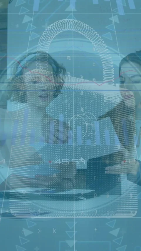 Animation of data processing over diverse colleagues with documents discussing Stock Footage 343867326