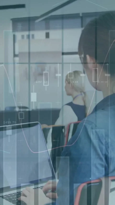 Animation of data processing over diverse business people at meeting in office Stock Footage 343902705