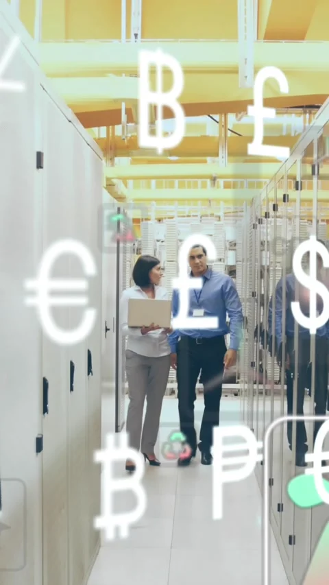 Animation of data processing over diverse it technicians and computer servers Stock Footage 343920238