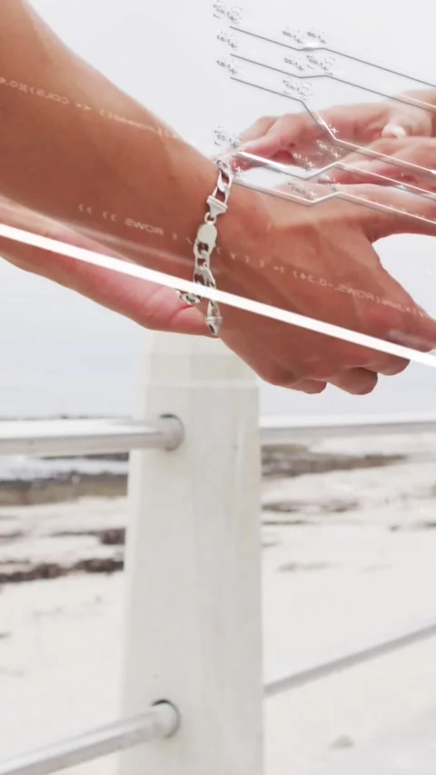 Animation of data processing over diverse couple holding hands by sea Vídeo Stock 343955692