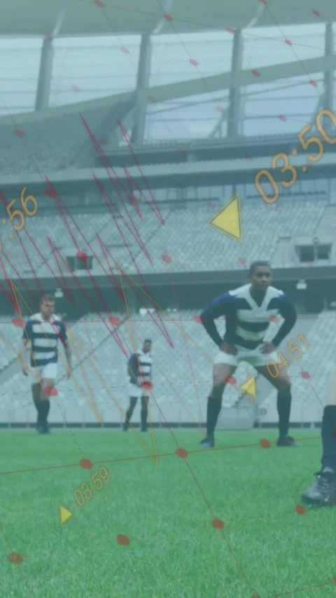 Animation of data processing over diverse rugby players at stadium Stock Footage 344593834
