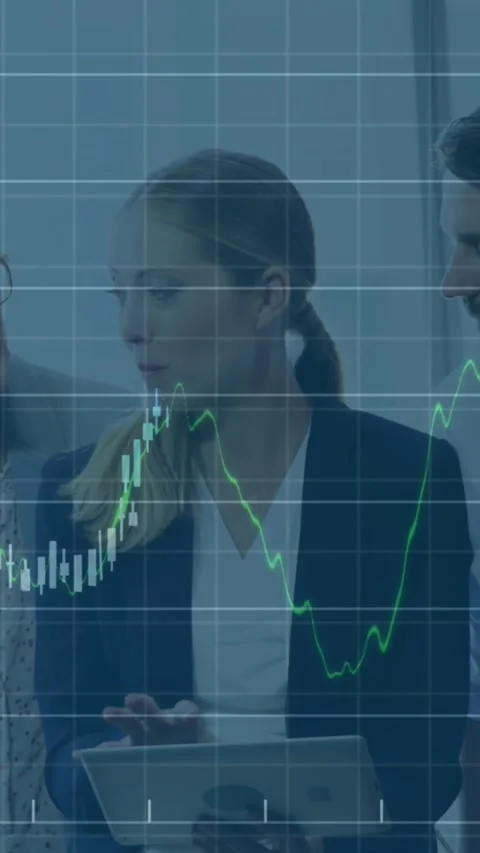 Animation of data processing over diverse businesspeople discussing over digital Stock Footage 344706190