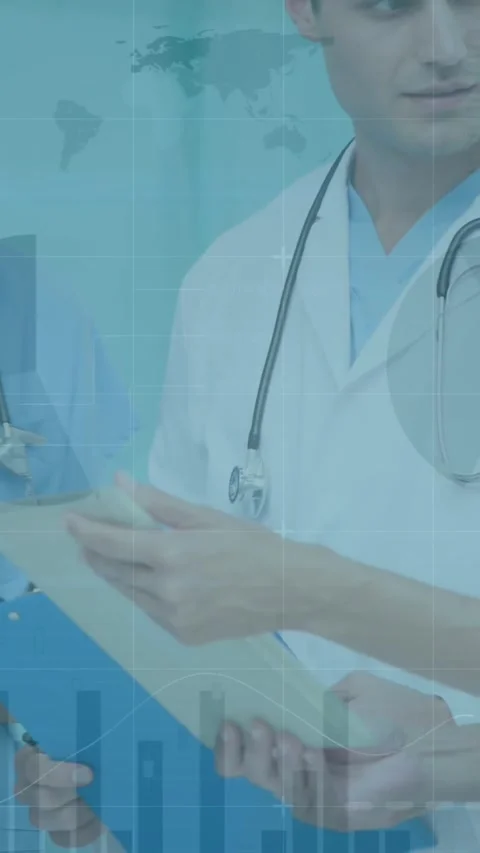 Animation of data processing over diverse male and female doctors discussing Stock Footage 344706243