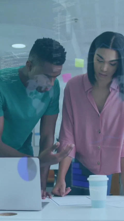 Animation of data processing over diverse male and female colleagues discussing Stock Footage 344765735