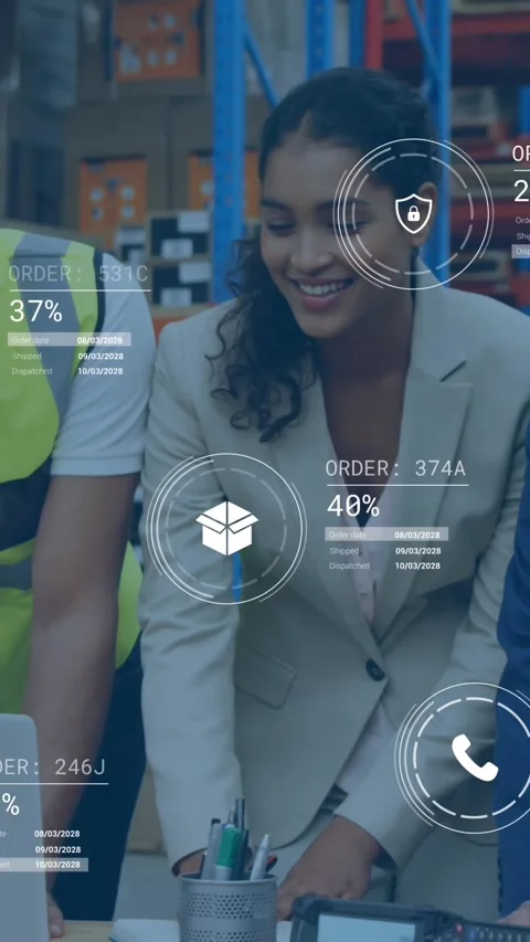 Animation of data processing over diverse supervisors and workers discussing Stock Footage 344783825