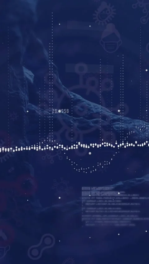 Animation of data processing over dna structure and covid-19 cell icons against Stock Footage 321789059