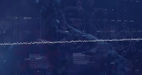 Animation of data processing over dna structure and covid-19 cell icons against Stock Footage 329850215